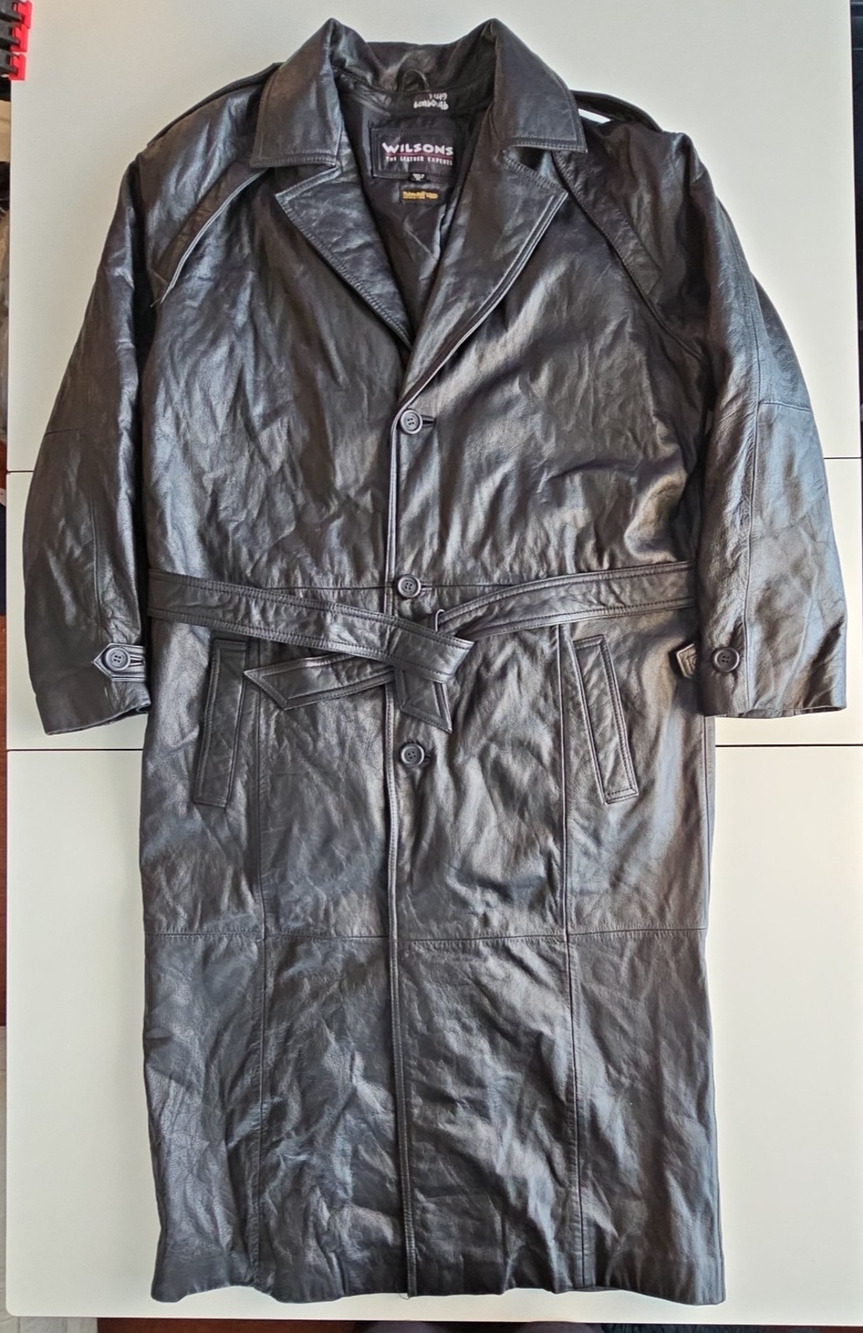 Wilsons Leather Mens M Black Full Length Trench Coat Belted Thinsulate Vintage